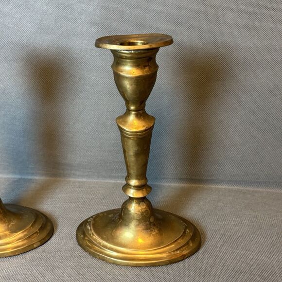 Antique Pair of Brass Candlestick Holders Primitive Metal Work Mantel Decor - Picture 6 of 8